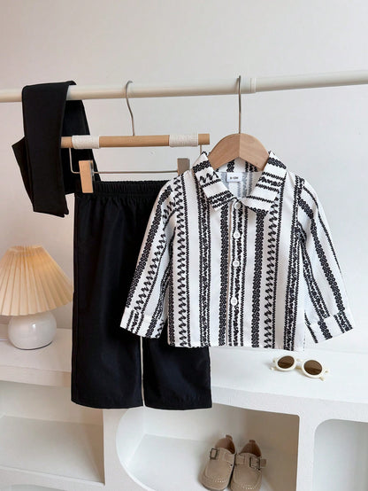 Infant Boy 3-Piece Summer Casual Fashion Minimalist Striped Collared Long Sleeve Shirt + Black Decorative Shawl + Black Wide Leg Long Pants Set, Stylish Casual Outfit Suitable For Daily, Outdoor, Scho