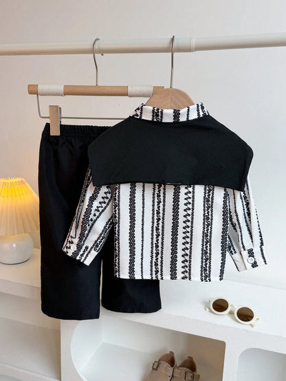 Infant Boy 3-Piece Summer Casual Fashion Minimalist Striped Collared Long Sleeve Shirt + Black Decorative Shawl + Black Wide Leg Long Pants Set, Stylish Casual Outfit Suitable For Daily, Outdoor, Scho