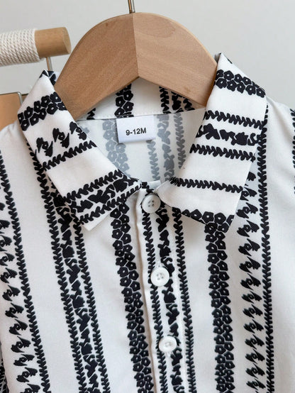 Infant Boy 3-Piece Summer Casual Fashion Minimalist Striped Collared Long Sleeve Shirt + Black Decorative Shawl + Black Wide Leg Long Pants Set, Stylish Casual Outfit Suitable For Daily, Outdoor, Scho