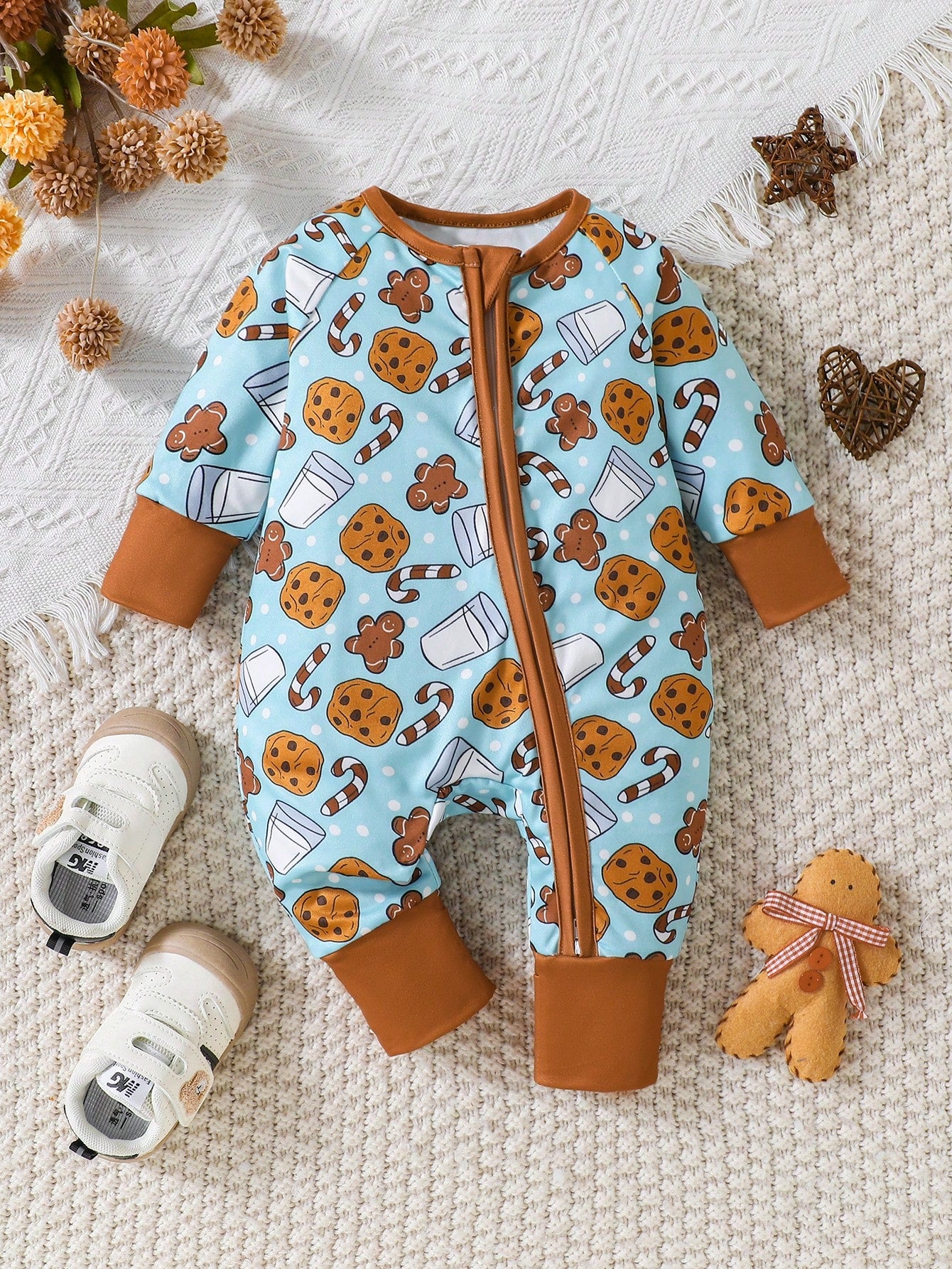 Infant/Toddler Boys' Long Sleeve Pancake, Milk, Cookie Print Zipper Jumpsuit