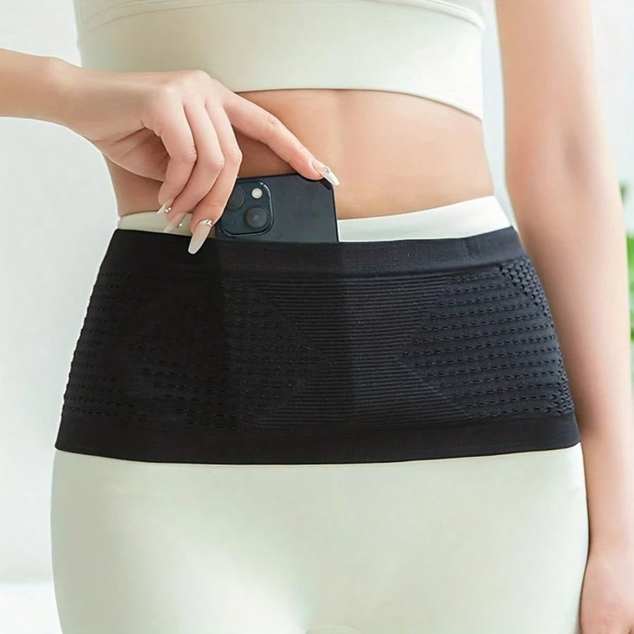 Invisible Running Waist Pack- Seamless Knit, Breathable Nylon With Diamond Pattern, Shock Absorbing Elastic Belt, Suitable For Running And Fitness, Great For Hiking- Black, Fashionable Sports Look