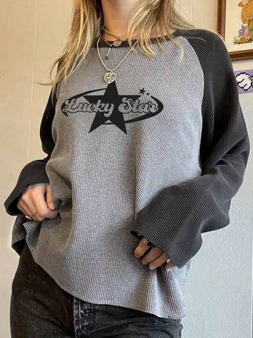 IslaSuriya Plus Size Casual Colorblock Letter & Star Print T-Shirt, Autumn Graphic Tees Women Tops Fall Cloth For Women