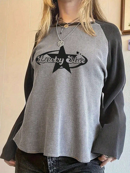 IslaSuriya Plus Size Casual Colorblock Letter & Star Print T-Shirt, Autumn Graphic Tees Women Tops Fall Cloth For Women