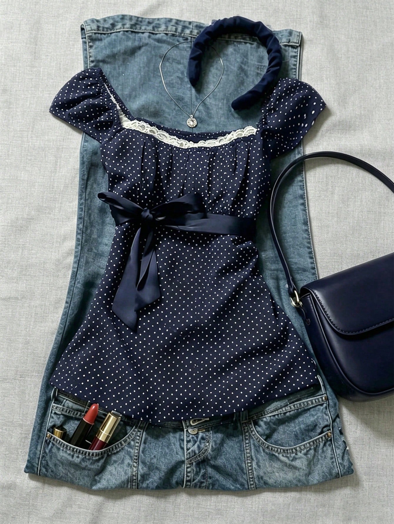 IslaSuriya Plus Size Women's Navy Blue Polka Dot Square Neck Petal Sleeve Blouse