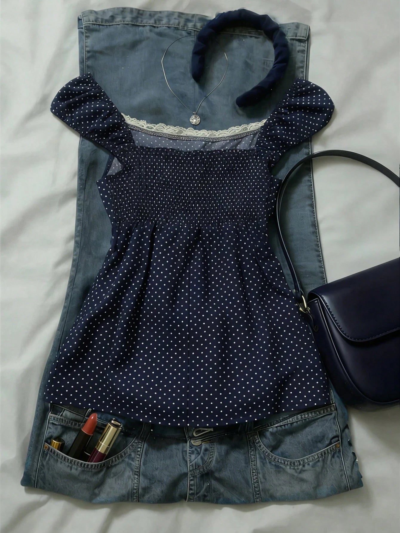 IslaSuriya Plus Size Women's Navy Blue Polka Dot Square Neck Petal Sleeve Blouse