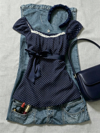 IslaSuriya Plus Size Women's Navy Blue Polka Dot Square Neck Petal Sleeve Blouse