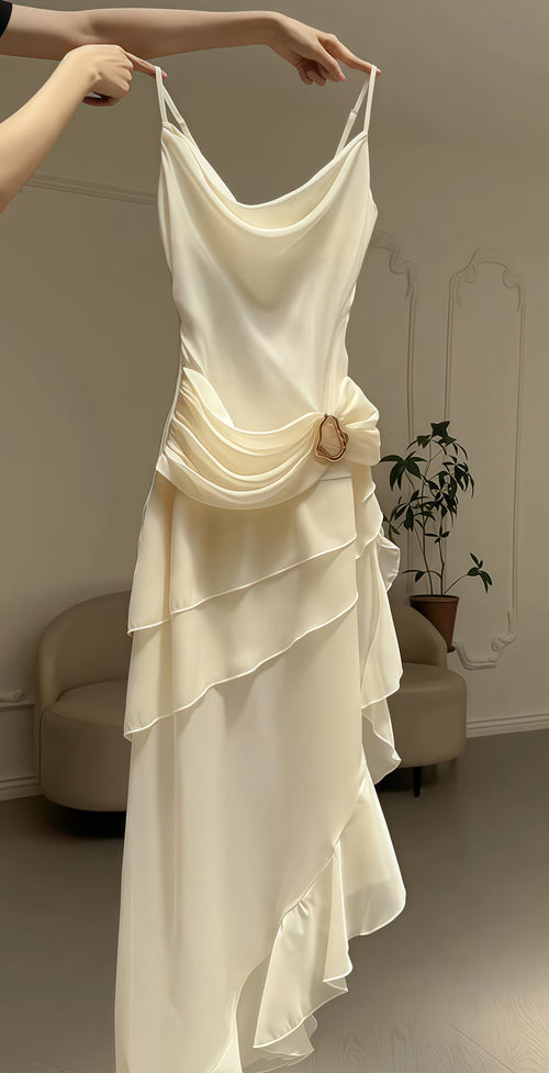 Ivory Chiffon Pleated Homecoming Dress - V-Neck Tea Length Party Gown