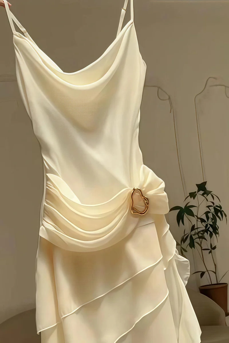Ivory Chiffon Pleated Homecoming Dress - V-Neck Tea Length Party Gown