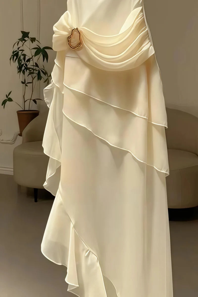 Ivory Chiffon Pleated Homecoming Dress - V-Neck Tea Length Party Gown