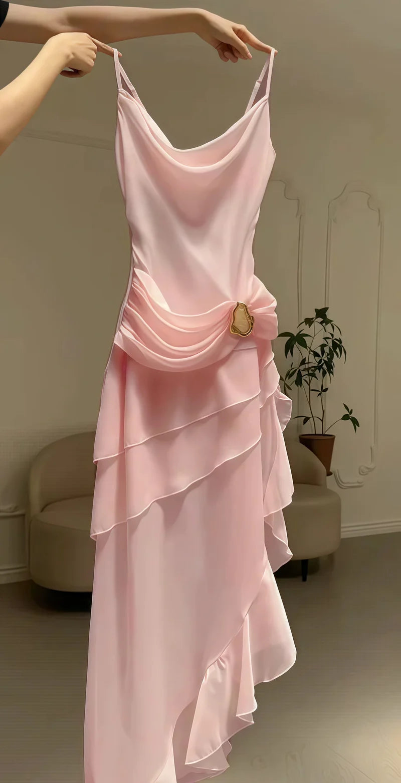 Ivory Chiffon Pleated Homecoming Dress - V-Neck Tea Length Party Gown