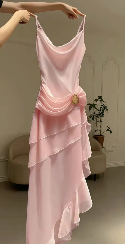 Ivory Chiffon Pleated Homecoming Dress - V-Neck Tea Length Party Gown