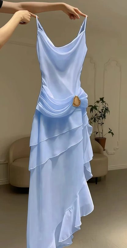 Ivory Chiffon Pleated Homecoming Dress - V-Neck Tea Length Party Gown
