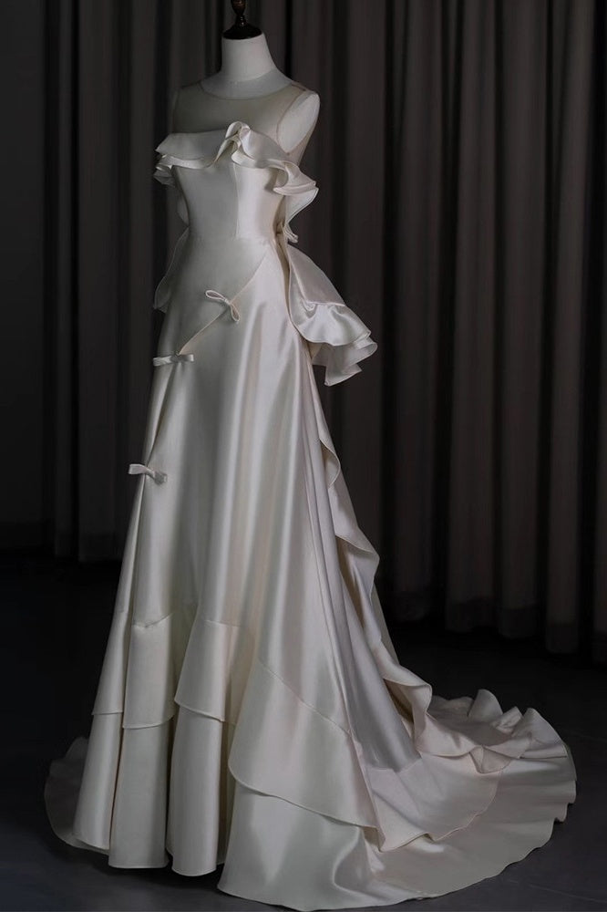 Ivory Satin Ruffle Prom Dresses Open Back Bow Wedding Dress,AST2311