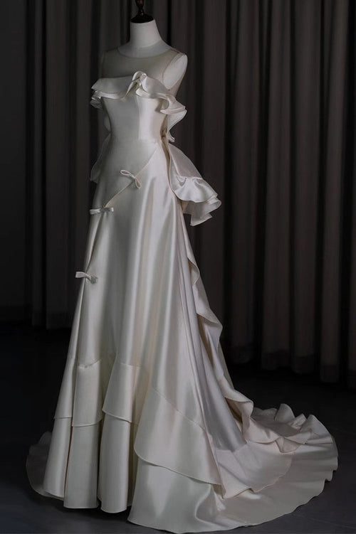 Ivory Satin Ruffle Prom Dresses Open Back Bow Wedding Dress,AST2311