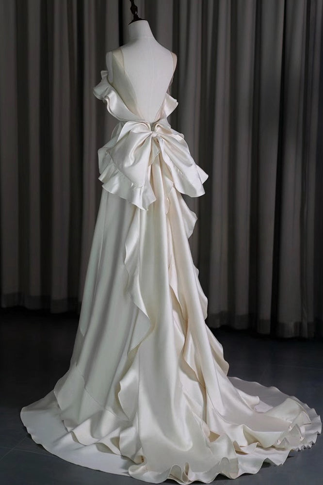 Ivory Satin Ruffle Prom Dresses Open Back Bow Wedding Dress,AST2311
