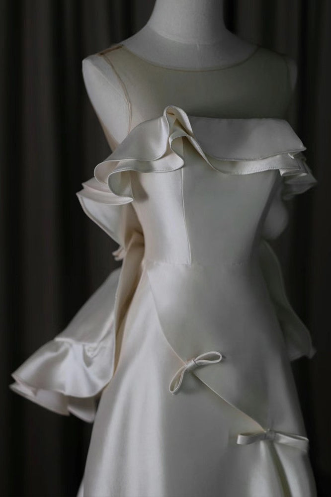 Ivory Satin Ruffle Prom Dresses Open Back Bow Wedding Dress,AST2311