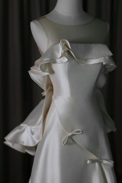 Ivory Satin Ruffle Prom Dresses Open Back Bow Wedding Dress,AST2311