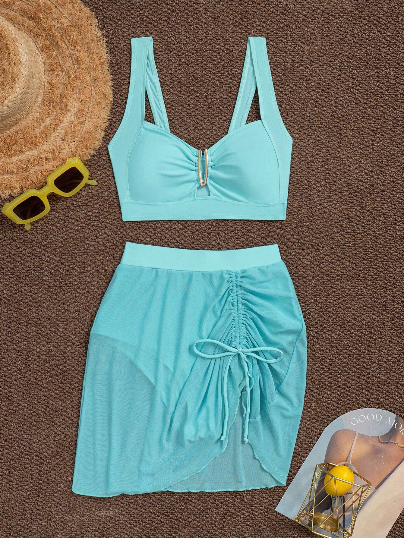 jeederkim New Summer Women Bikini Top With Metal Decor, Matching Sheer Mini Skirt, Perfect For Beach Wear Vacation