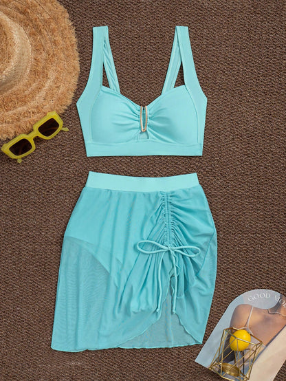 jeederkim New Summer Women Bikini Top With Metal Decor, Matching Sheer Mini Skirt, Perfect For Beach Wear Vacation