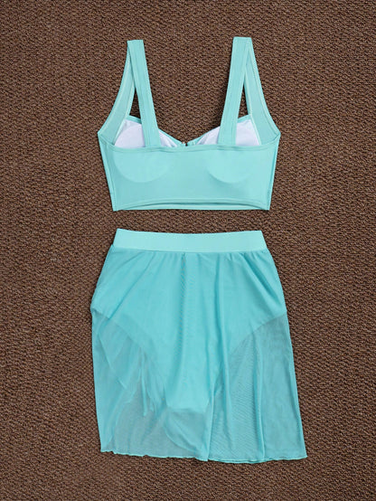 jeederkim New Summer Women Bikini Top With Metal Decor, Matching Sheer Mini Skirt, Perfect For Beach Wear Vacation