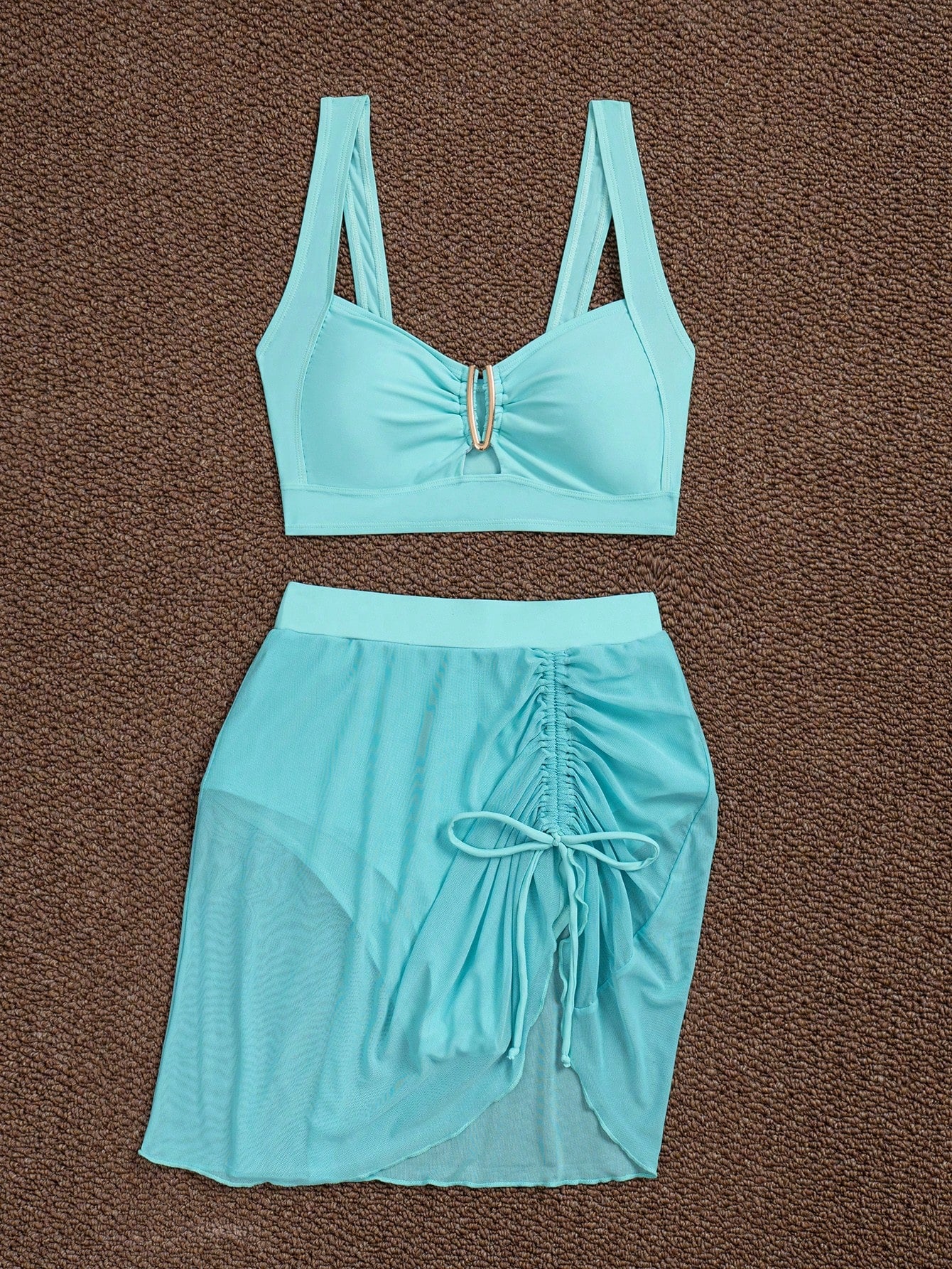 jeederkim New Summer Women Bikini Top With Metal Decor, Matching Sheer Mini Skirt, Perfect For Beach Wear Vacation