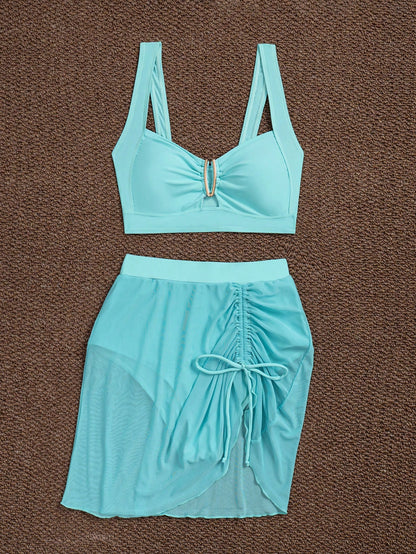 jeederkim New Summer Women Bikini Top With Metal Decor, Matching Sheer Mini Skirt, Perfect For Beach Wear Vacation
