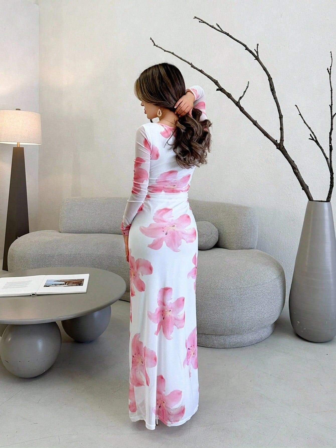 Jemour Romantic Date Night Floral Print Pleated Long Sleeve Dress For Women,Summer Dresses For Women