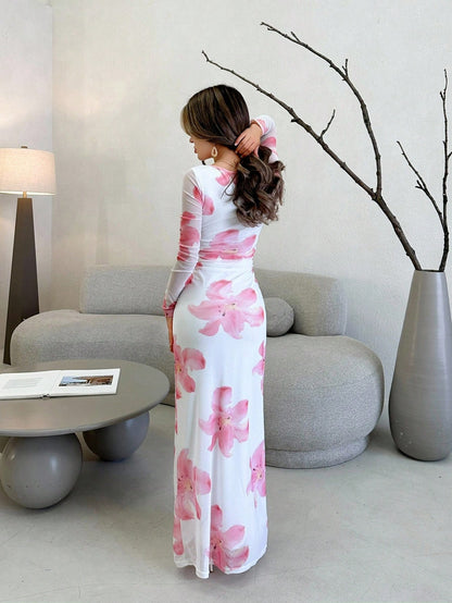 Jemour Romantic Date Night Floral Print Pleated Long Sleeve Dress For Women,Summer Dresses For Women