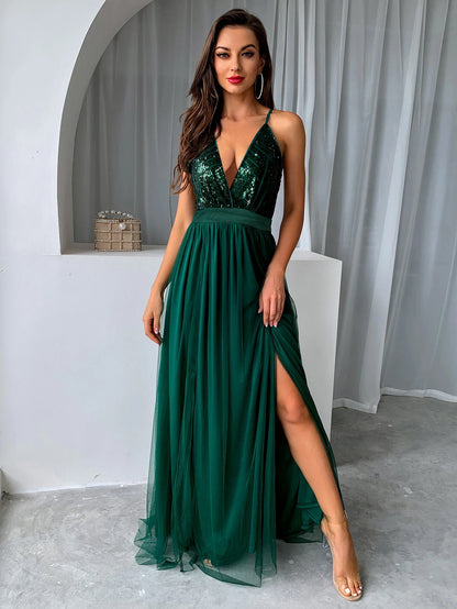 Joyfunear Sequin Bodice Backless Mesh Cami Formal Evening Gowns Summer Vacation Party Elegant