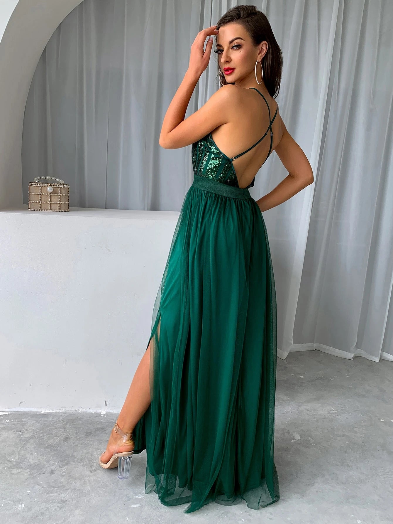 Joyfunear Sequin Bodice Backless Mesh Cami Formal Evening Gowns Summer Vacation Party Elegant