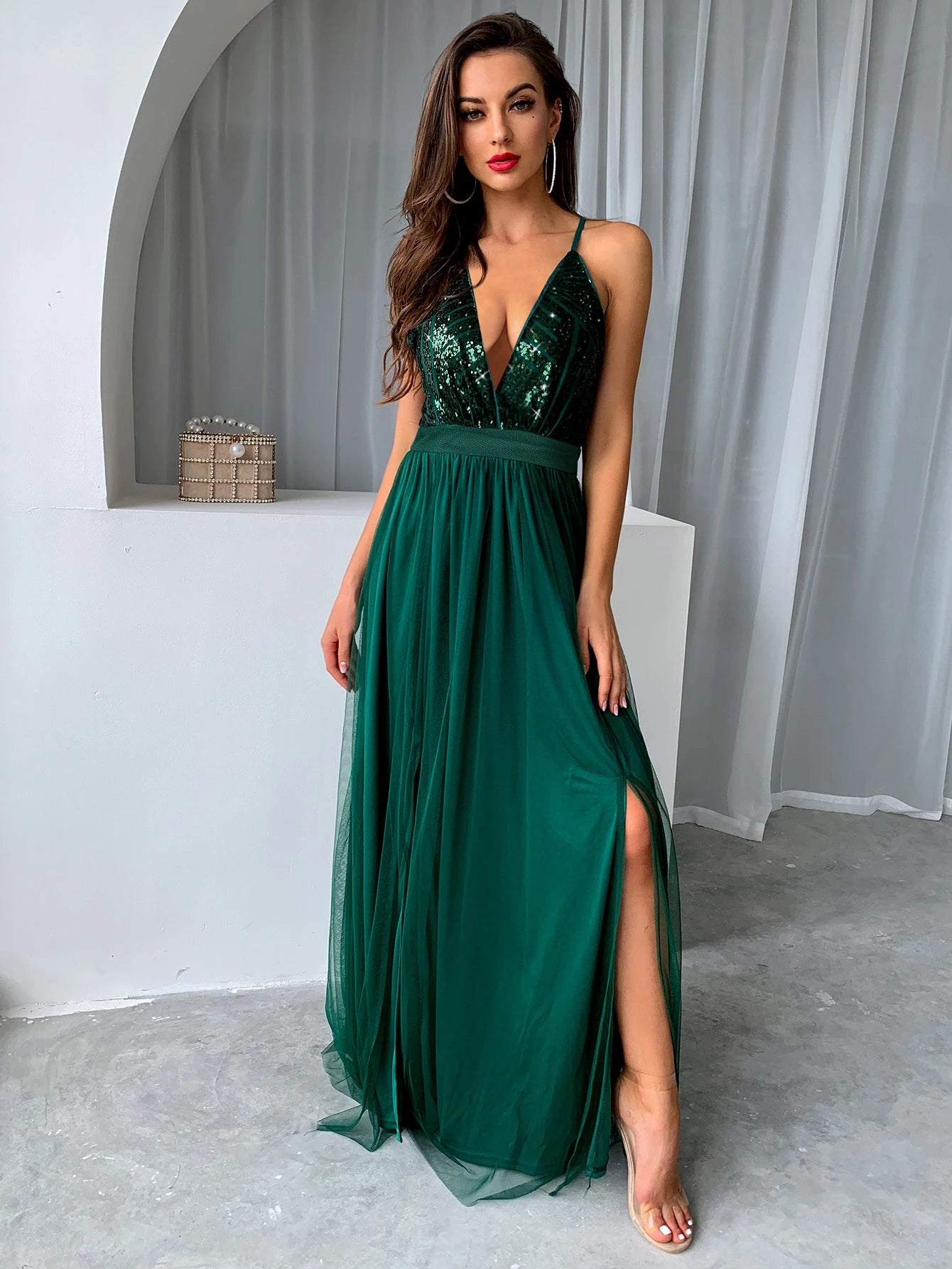 Joyfunear Sequin Bodice Backless Mesh Cami Formal Evening Gowns Summer Vacation Party Elegant