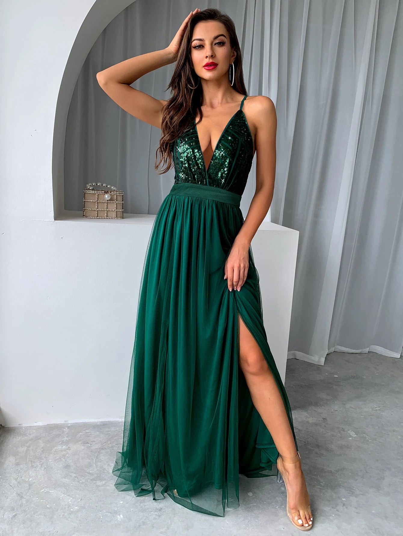 Joyfunear Sequin Bodice Backless Mesh Cami Formal Evening Gowns Summer Vacation Party Elegant