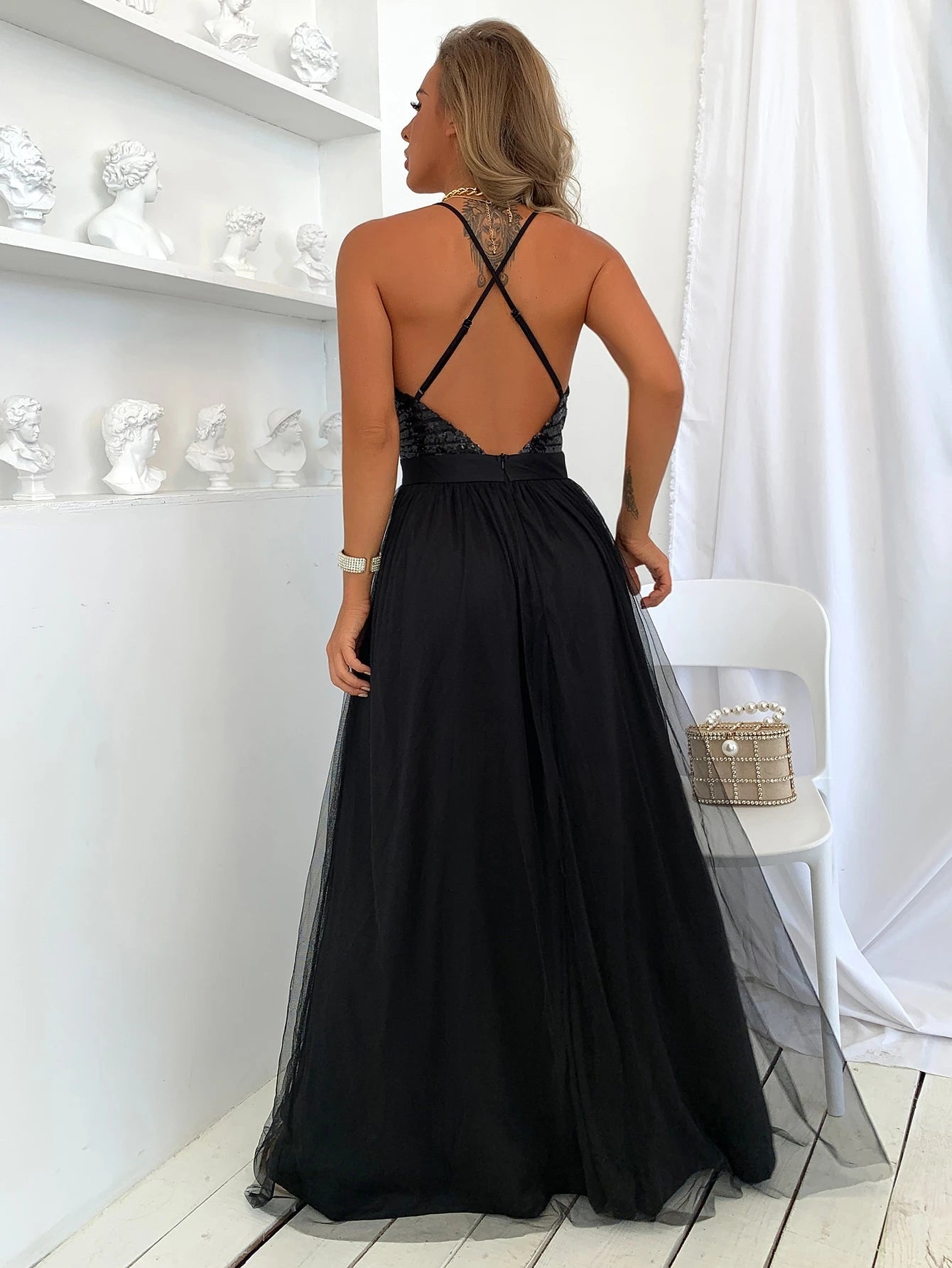 Joyfunear Sequin Bodice Backless Mesh Cami Formal Evening Gowns Summer Vacation Party Elegant