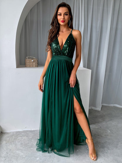 Joyfunear Sequin Bodice Backless Mesh Cami Formal Evening Gowns Summer Vacation Party Elegant