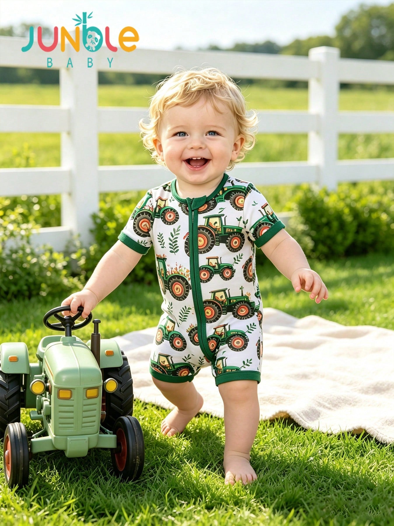 JUNBLEBABY Boys Bamboo Fiber Short Sleeve Romper, Fram Excavator & Floral Print,Double Zipper Easy Diaper Change, Summer Outdoor Outfit For 0-24M Baby