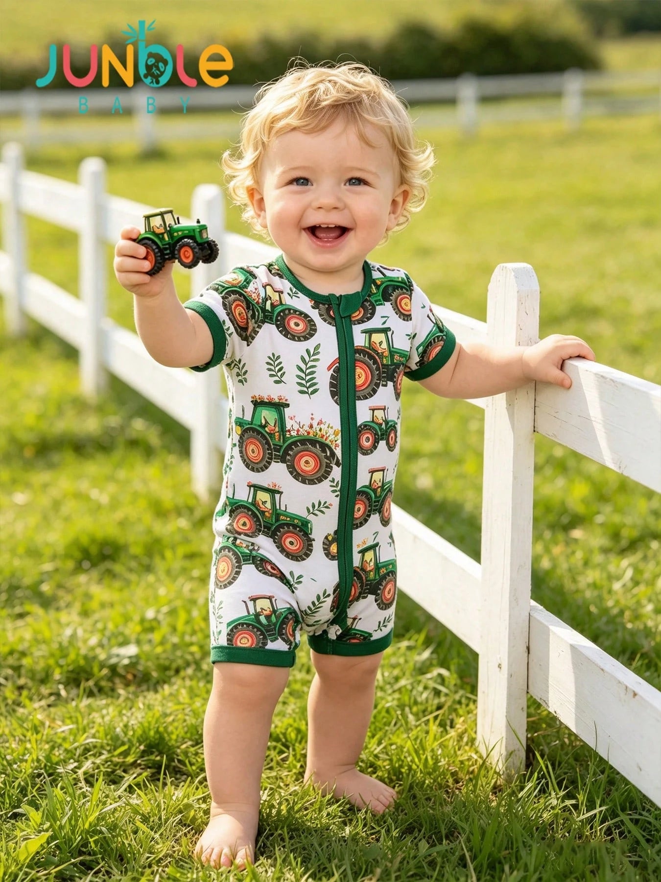 JUNBLEBABY Boys Bamboo Fiber Short Sleeve Romper, Fram Excavator & Floral Print,Double Zipper Easy Diaper Change, Summer Outdoor Outfit For 0-24M Baby