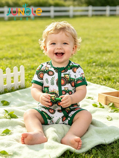 JUNBLEBABY Boys Bamboo Fiber Short Sleeve Romper, Fram Excavator & Floral Print,Double Zipper Easy Diaper Change, Summer Outdoor Outfit For 0-24M Baby