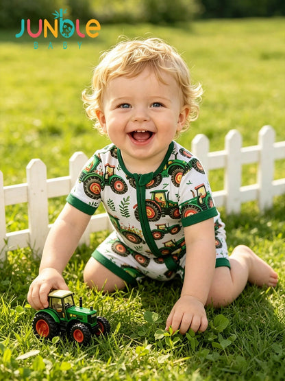JUNBLEBABY Boys Bamboo Fiber Short Sleeve Romper, Fram Excavator & Floral Print,Double Zipper Easy Diaper Change, Summer Outdoor Outfit For 0-24M Baby