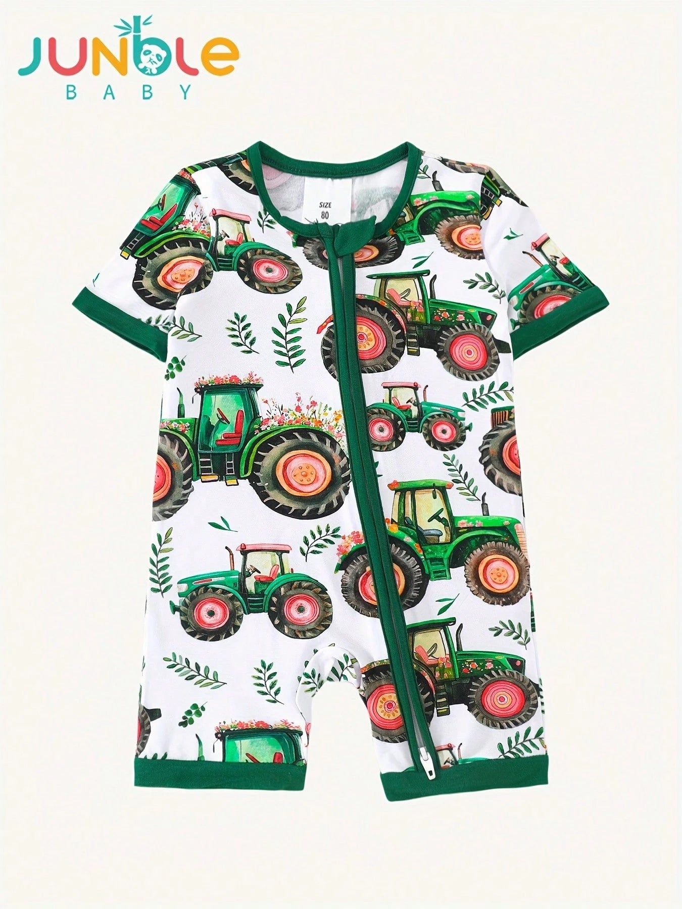 JUNBLEBABY Boys Bamboo Fiber Short Sleeve Romper, Fram Excavator & Floral Print,Double Zipper Easy Diaper Change, Summer Outdoor Outfit For 0-24M Baby