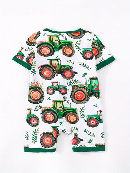JUNBLEBABY Boys Bamboo Fiber Short Sleeve Romper, Fram Excavator & Floral Print,Double Zipper Easy Diaper Change, Summer Outdoor Outfit For 0-24M Baby