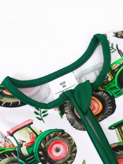 JUNBLEBABY Boys Bamboo Fiber Short Sleeve Romper, Fram Excavator & Floral Print,Double Zipper Easy Diaper Change, Summer Outdoor Outfit For 0-24M Baby