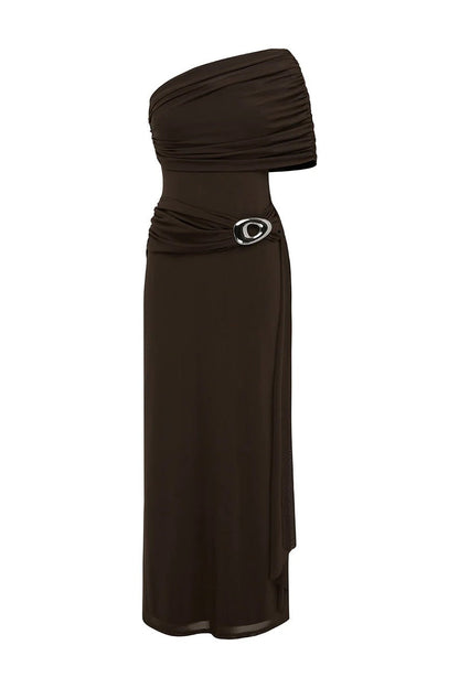Kassi One Shoulder Midi Dress - Chocolate