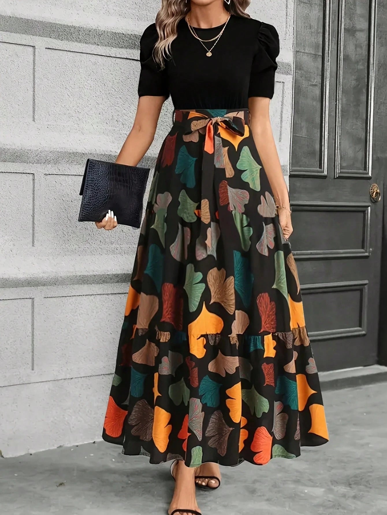 KeKe Bloomly Women's Elegant A-Line Dress With Puff Sleeves, Bow Decor, Color Block Design, Fashion Midi Dress Vacation Black Summer