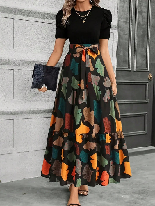 KeKe Bloomly Women's Elegant A-Line Dress With Puff Sleeves, Bow Decor, Color Block Design, Fashion Midi Dress Vacation Black Summer
