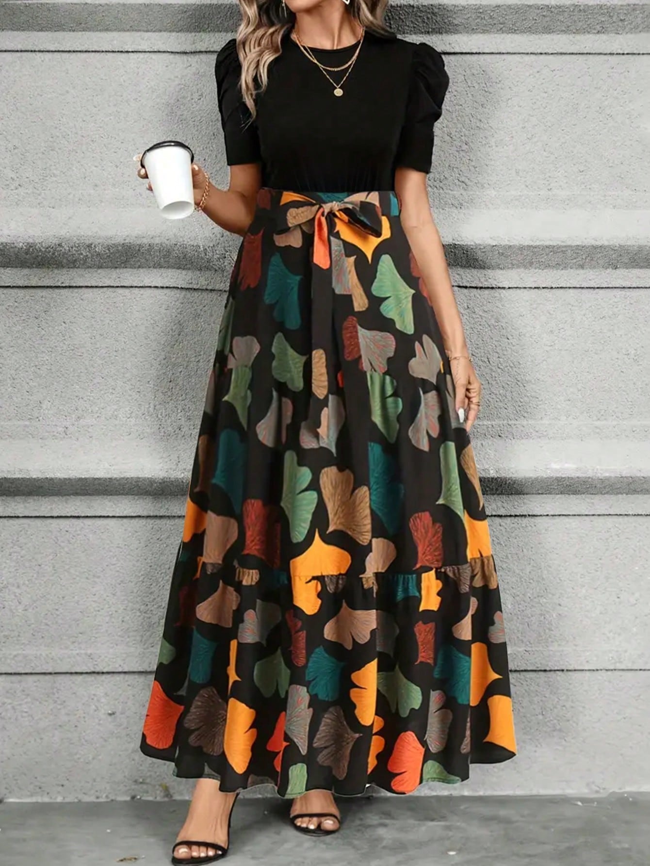 KeKe Bloomly Women's Elegant A-Line Dress With Puff Sleeves, Bow Decor, Color Block Design, Fashion Midi Dress Vacation Black Summer