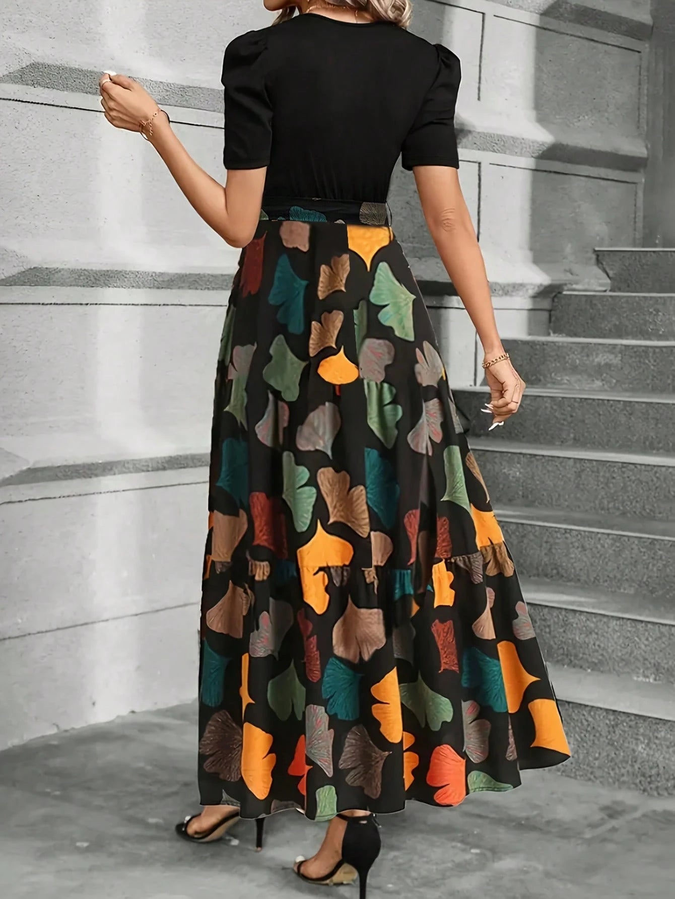 KeKe Bloomly Women's Elegant A-Line Dress With Puff Sleeves, Bow Decor, Color Block Design, Fashion Midi Dress Vacation Black Summer