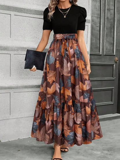 KeKe Bloomly Women's Elegant A-Line Dress With Puff Sleeves, Bow Decor, Color Block Design, Fashion Midi Dress Vacation Black Summer