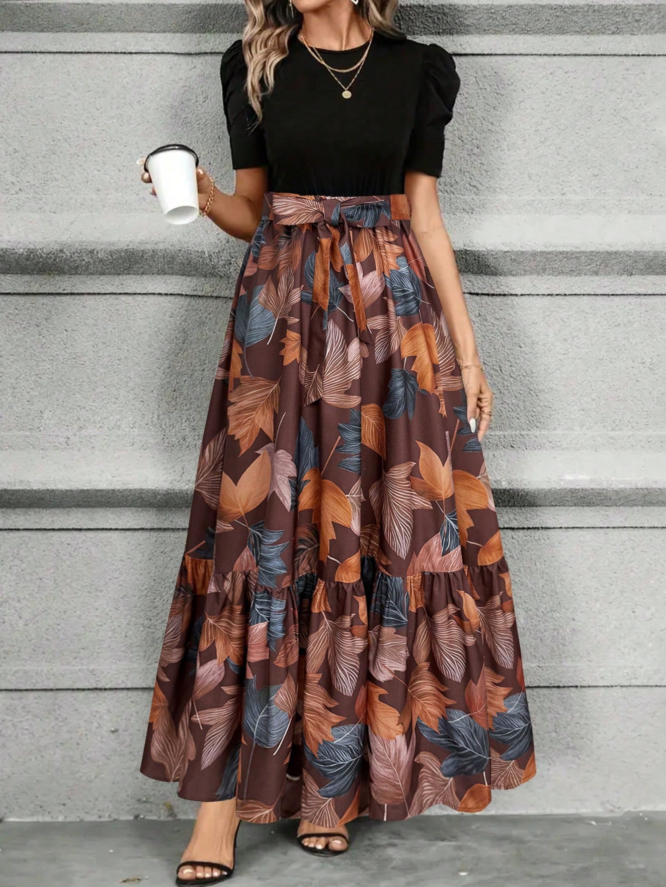KeKe Bloomly Women's Elegant A-Line Dress With Puff Sleeves, Bow Decor, Color Block Design, Fashion Midi Dress Vacation Black Summer