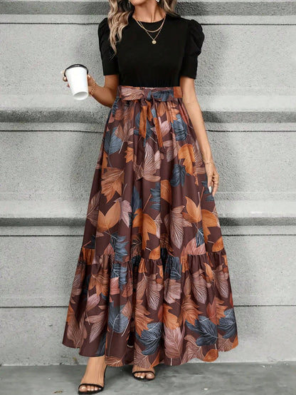 KeKe Bloomly Women's Elegant A-Line Dress With Puff Sleeves, Bow Decor, Color Block Design, Fashion Midi Dress Vacation Black Summer