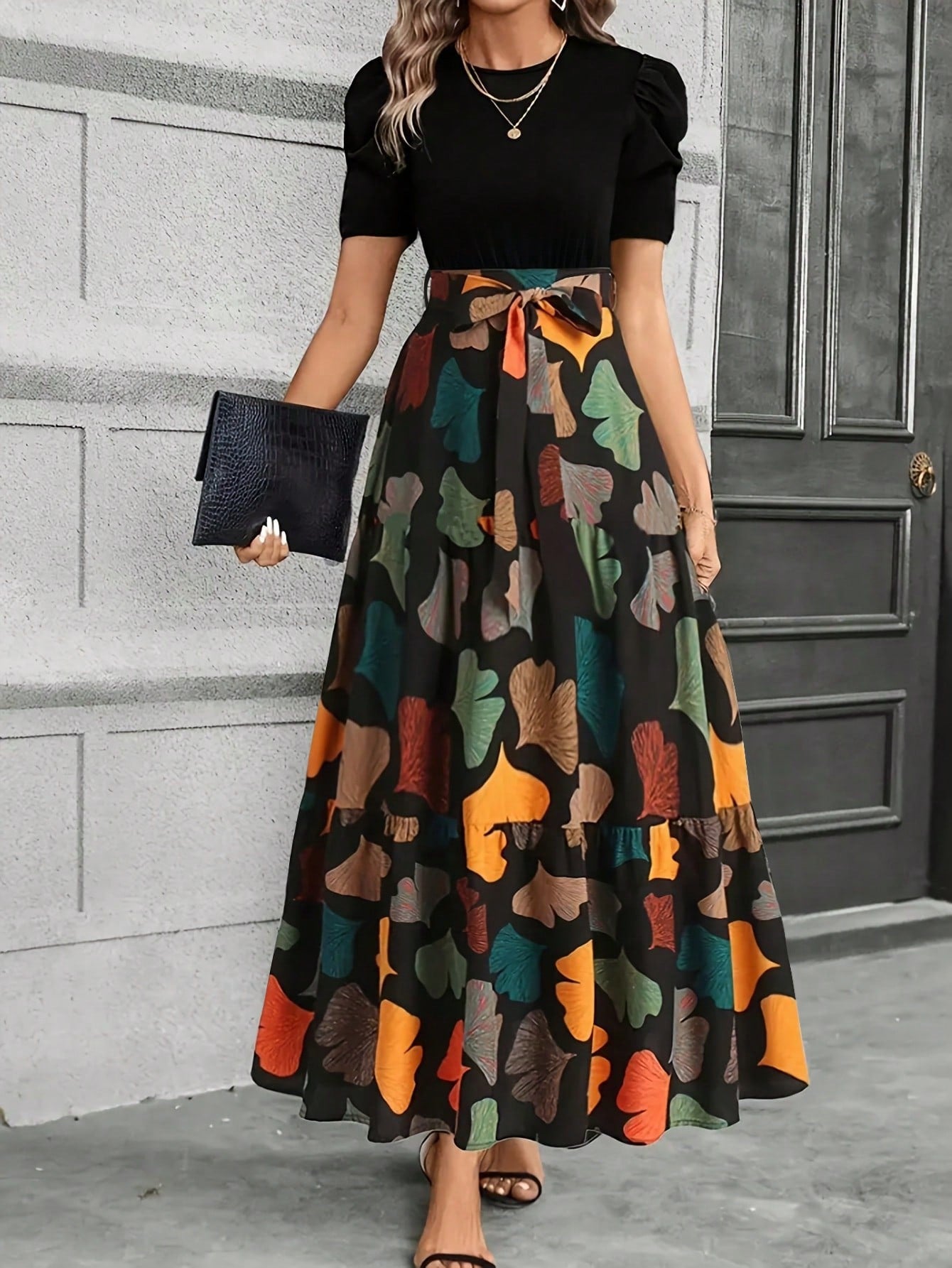 KeKe Bloomly Women's Elegant A-Line Dress With Puff Sleeves, Bow Decor, Color Block Design, Fashion Midi Dress Vacation Black Summer